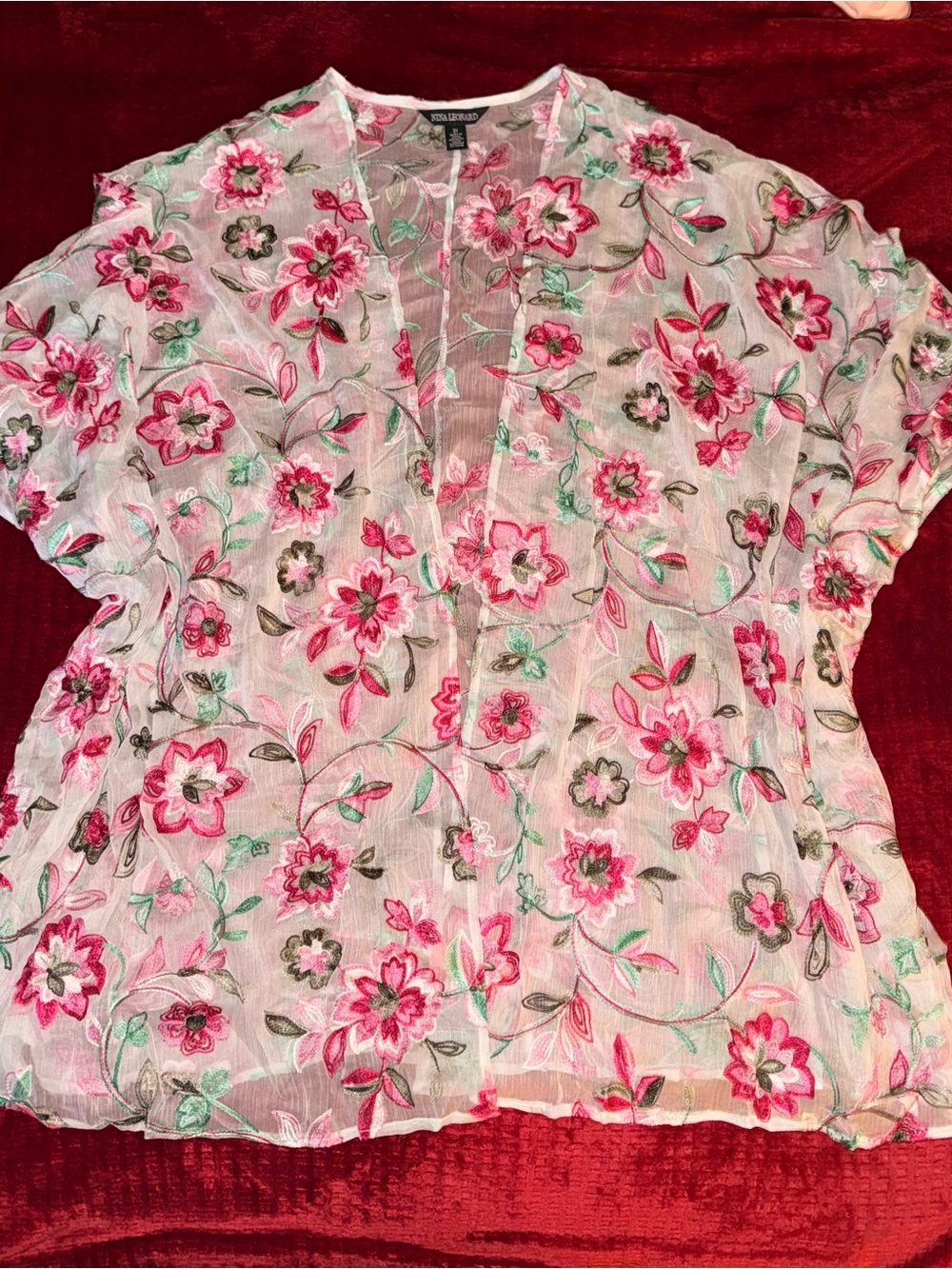 Nina Leonard Pink Floral Embroidered Sheer Blouse